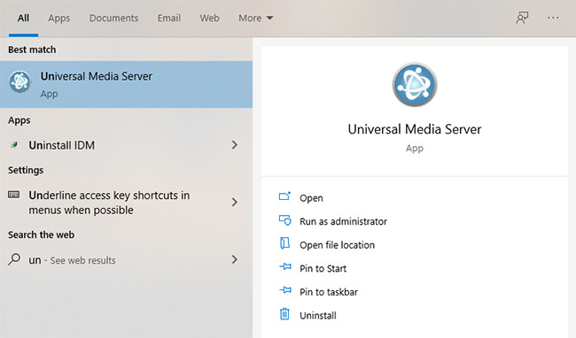 Mở Universal Media Server từ menu Start