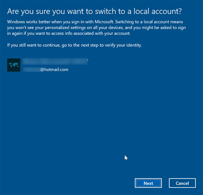 Nhấp vào liên kết sẽ hiển thị hộp thoại “Are you sure you want to switch to a local account?”