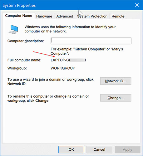 Tab Computer Name sẽ hiển thị tên máy tính của bạn