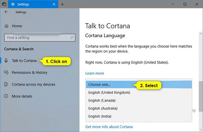 Nhấn vào Talk to Cortana ở bên trái và chọn ngôn ngữ bạn muốn