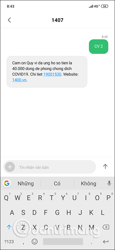 Thông báo ủng hộ thành công