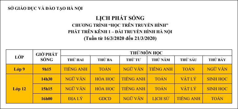 Lịch học online đến ngày 21/3