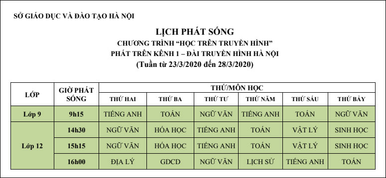 Lịch học online đến ngày 28/3