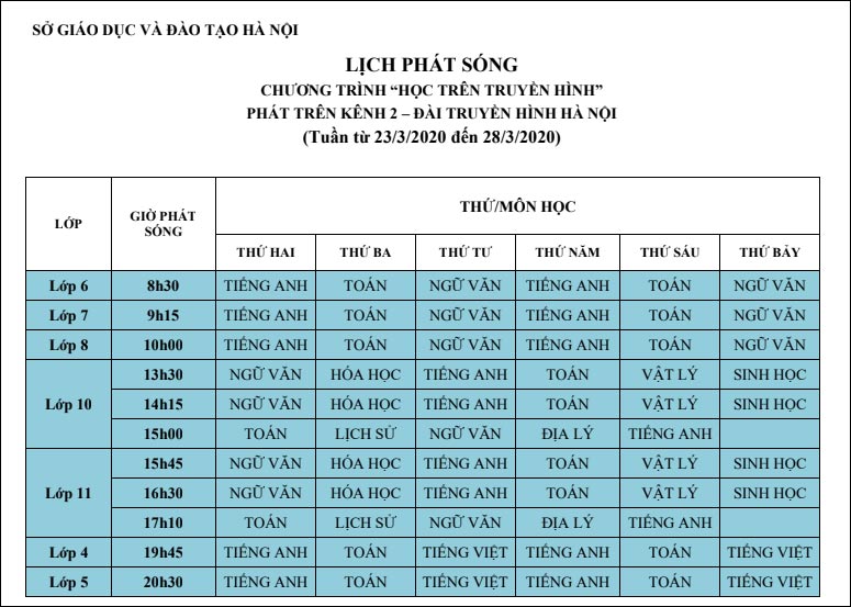 Lịch học online cho khối