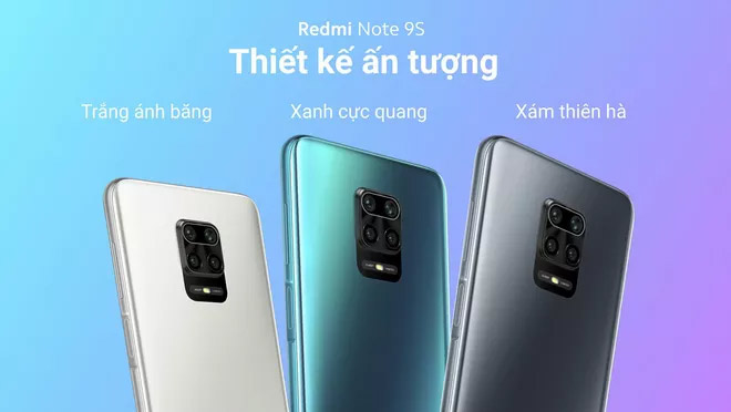 Redmi Note 9S có 3 màu sắc tùy chọn gồm trắng ánh băng, xanh thiên hà, xanh cực quang