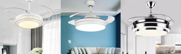 Một số mẫu quạt trần cánh cụp cánh xòe đẹp mắt cho phòng khách.