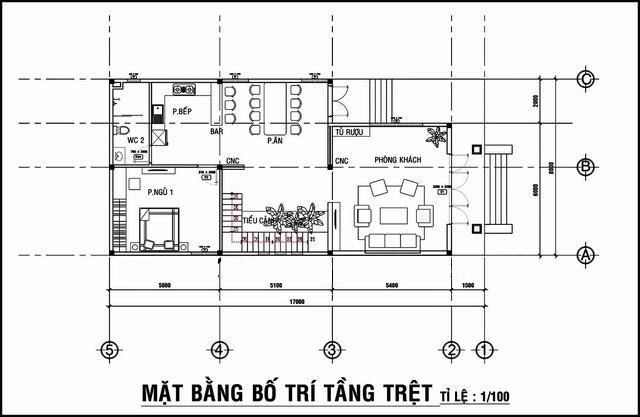 Không gian tầng trệt có diện tích sàn 120m2