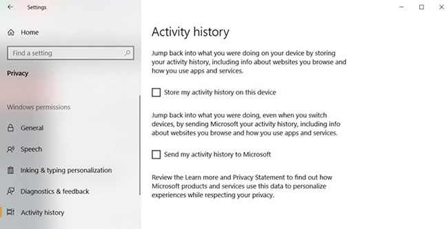 Các danh mục lưu lịch sử hoạt động của Windows 10