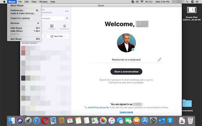 Chọn Skype từ thanh menu Mac