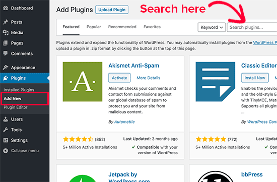 Truy cập Plugin > Add New page