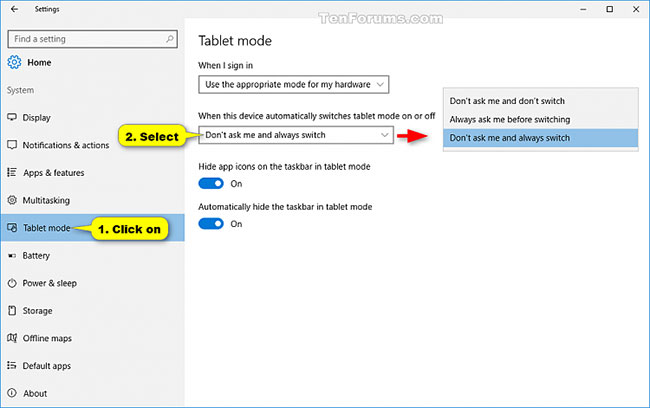 Cách bật/tắt tùy chọn hỏi trước khi tự động chuyển sang Tablet Mode trong Windows 10