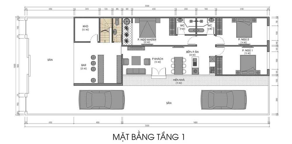 Mặt bằng tầng 1 biệt thự 3 tầng hiện đại mặt tiền 7m