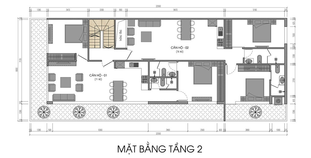Mặt bằng tầng 2 biệt thự 3 tầng hiện đại mặt tiền 7m
