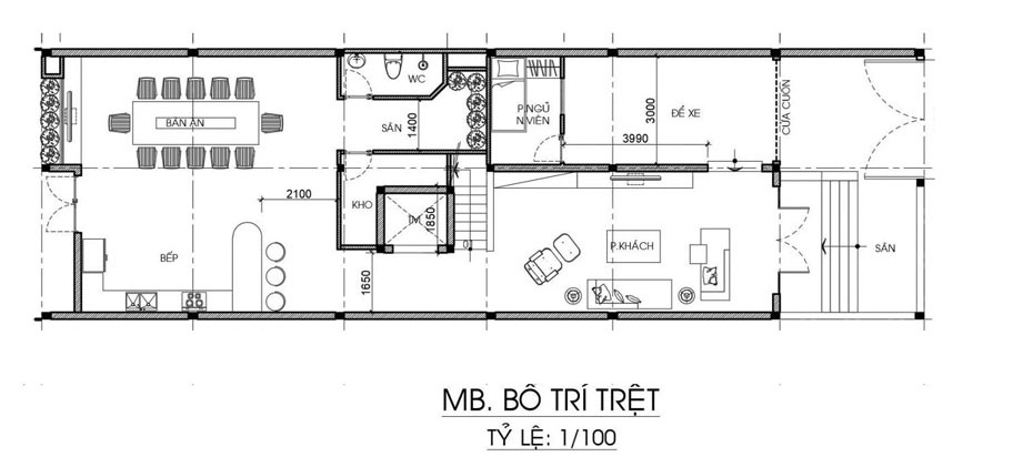 Mặt bằng tầng 1 biệt thự 3 tầng 1 tum hiện đại mặt tiền 5m