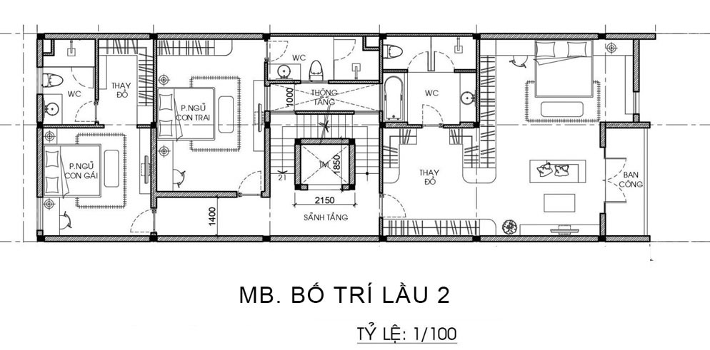 Mặt bằng tầng 3 biệt thự 3 tầng 1 tum hiện đại mặt tiền 5m