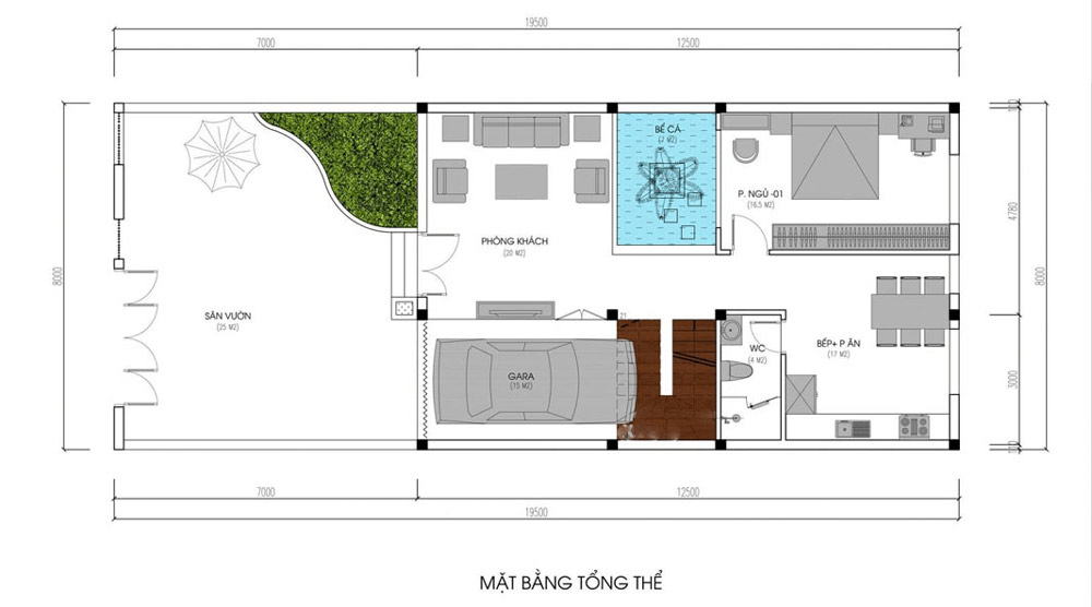 Mẫu biệt thự mini 3 tầng hiện đại, tầng 1