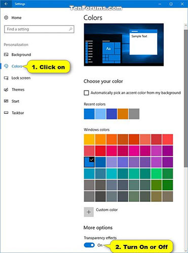 Bật (mặc định) hoặc tắt tùy chọn Transparency effects trong More options ở phía bên phải
