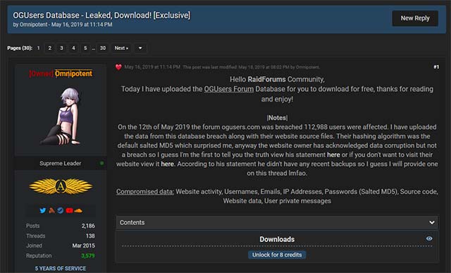 OGUsers bị hack hồi năm 2019