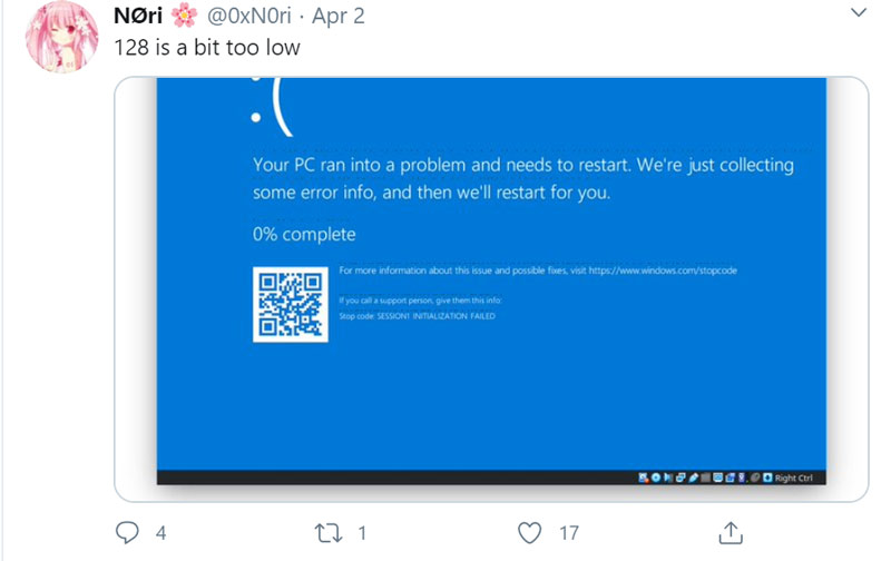 Lỗi “màn hình xanh chết chóc” (BsoD) chỉ xuất hiện khi Nori hạ xuống mức RAM 128MB