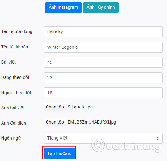 Tạo ảnh Instacard tự do 