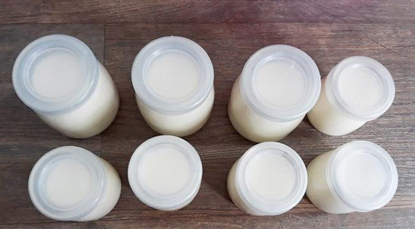 Dùng muôi nhỏ múc sữa chua vào từng lọ