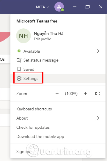 Settings trên Microsoft Teams