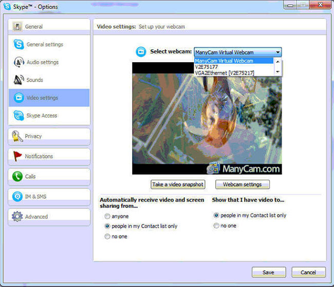 Chọn ManyCam Virtual Webcam làm webcam chính