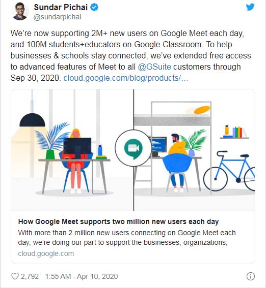 Lượng người dùng Google Meet tăng nhanh chóng