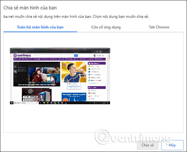 Chọn màn hình chia sẻ 