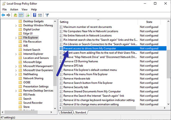 Tìm policy Prevent access to drives from My Computer