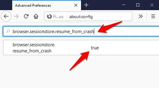 Tìm kiếm browser.sessionstore.resume_from_crash