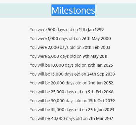 Các cột mốc quan trọng liên quan tới tổng số ngày bạn sinh ra