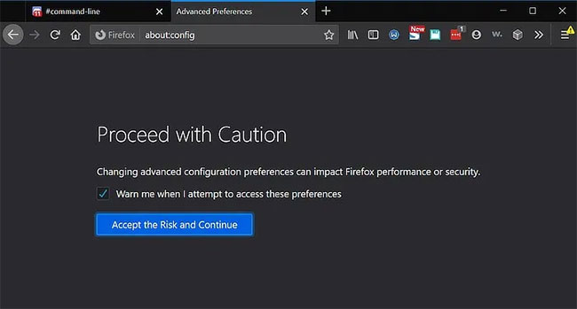 Nhập about:config vào thanh địa chỉ Firefox và nhấp vào phần cảnh báo