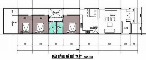 Bản vẽ mặt bằng công năng mẫu nhà cấp 4 mái thái 5×20m