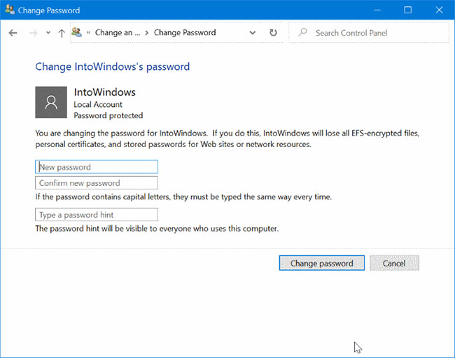 Nhập mật khẩu mới, nhập lại mật khẩu, nhập gợi ý mật khẩu