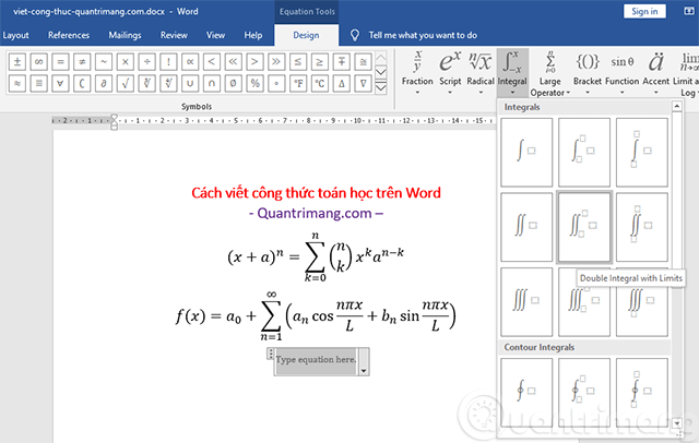 Chọn Ink Equation để chèn công thức viết tay