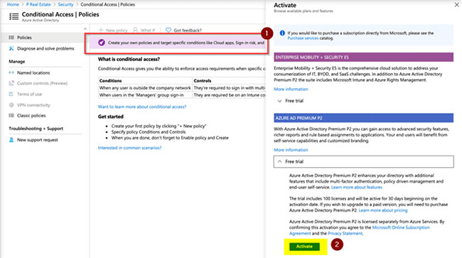 Chọn Activate trong Azure AD Premium P2