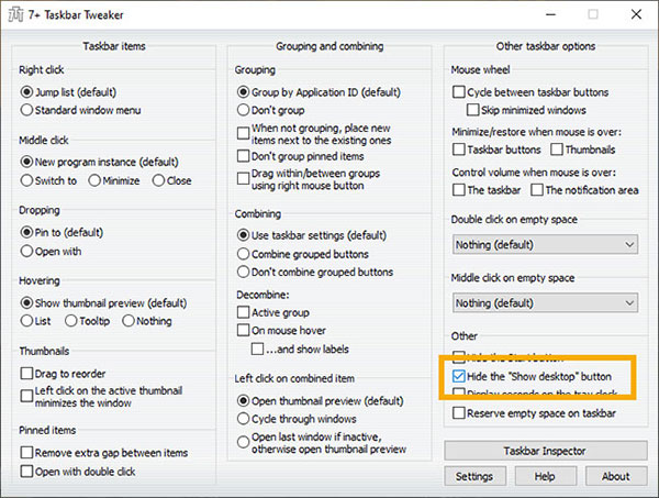 Chọn hộp kiểm "Hide the show desktop button"