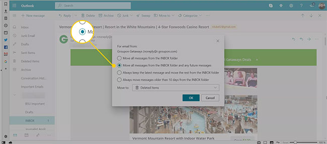 Chọn Move all messages from the Inbox folder and any future messages