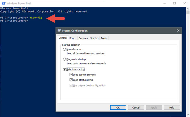 Mở System Configuration bằng Command Prompt hoặc PowerShell