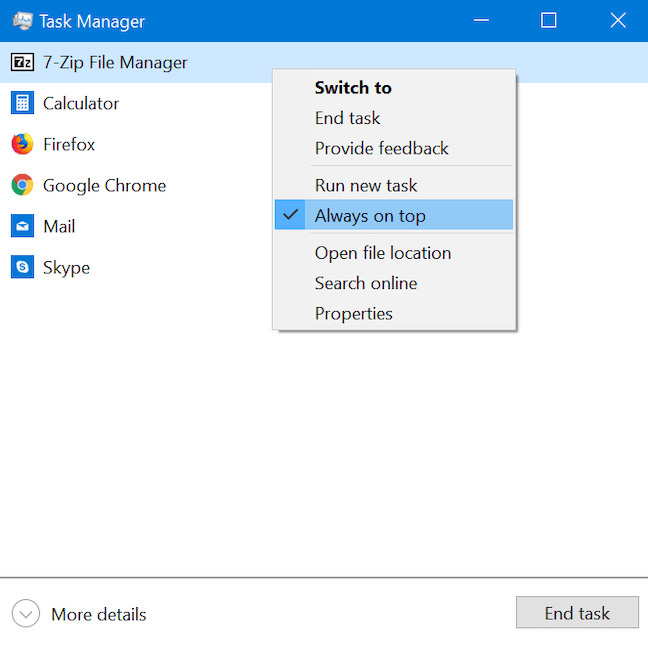 Task Manager nằm ở trên cùng của các cửa sổ ứng dụng khác
