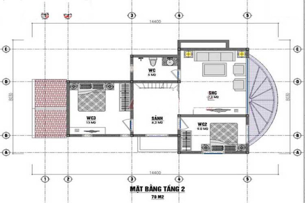 Bản vẽ tầng lửng nhà cấp 4 mái thái có gác lửng 70m2