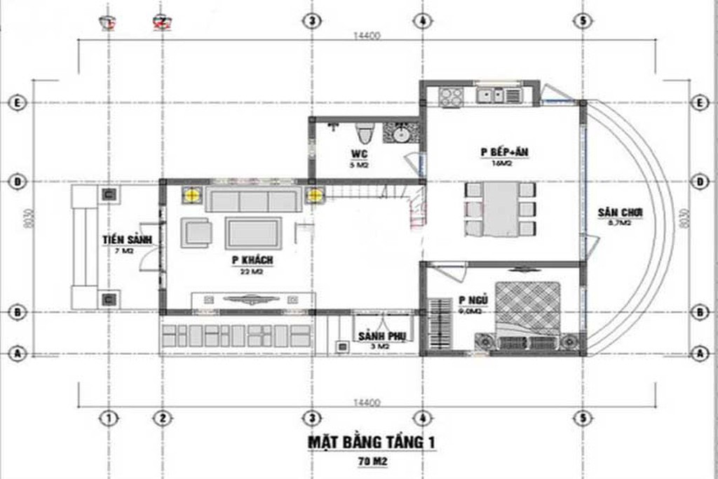 Bản vẽ tầng 1 nhà cấp 4 mái thái có gác lửng 70m2