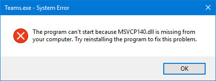 Lỗi MSVCP140.dll is missing