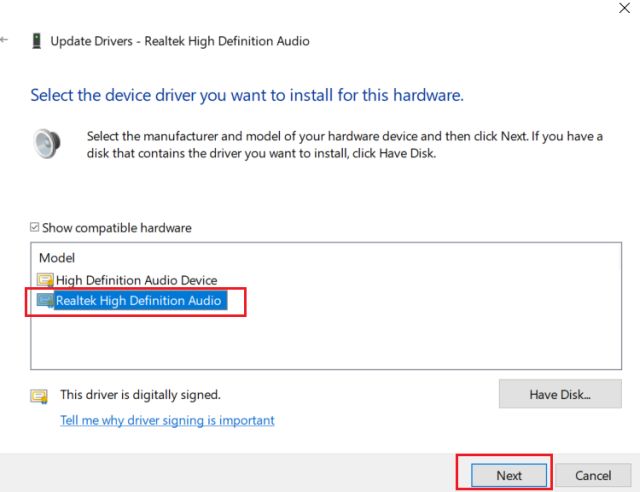 Chọn Realtek High Definition Audio