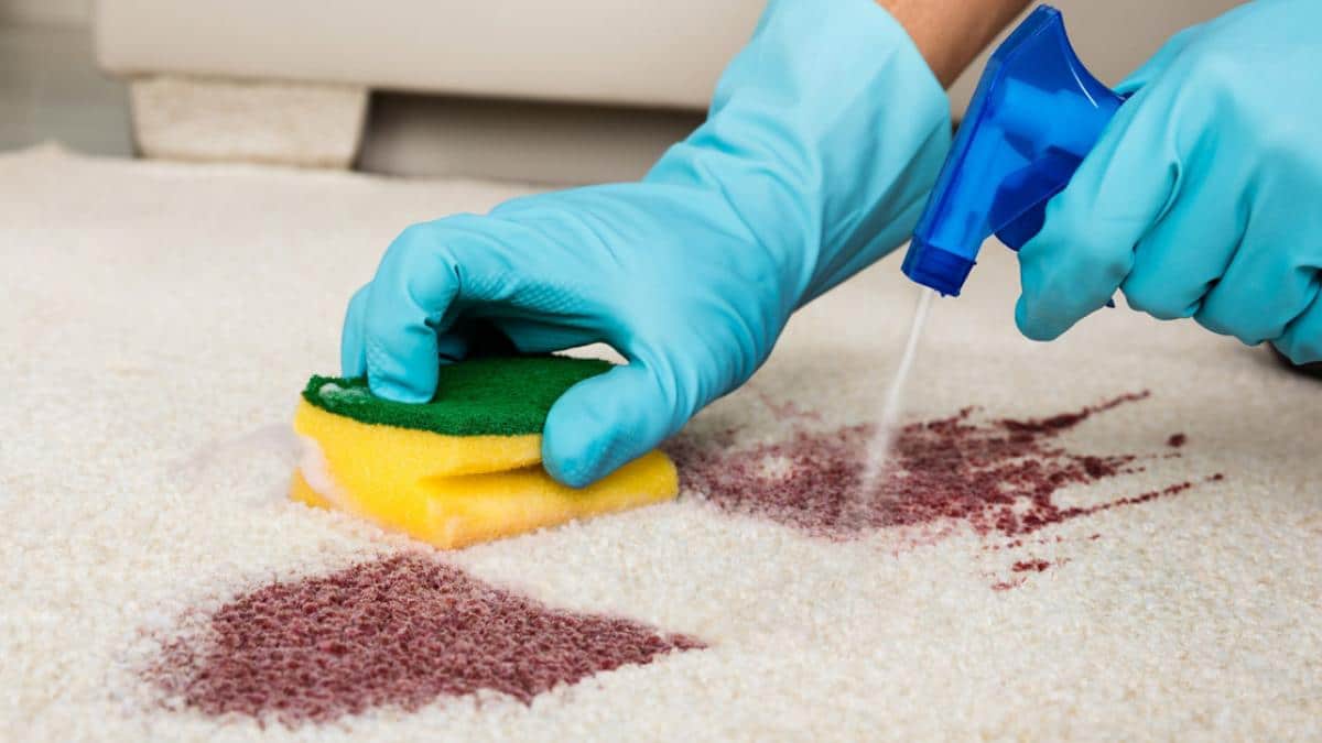 Bạn dùng miếng bọt biển khô để thấm sạch dung dịch đã ngấm vào thảm