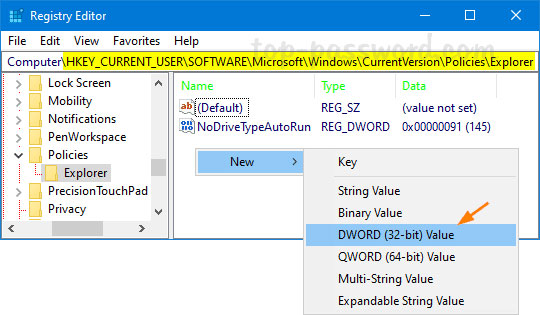 Nhấp chuột phải vào vùng trống bên phải và chọn New > DWORD (32-bit) Value