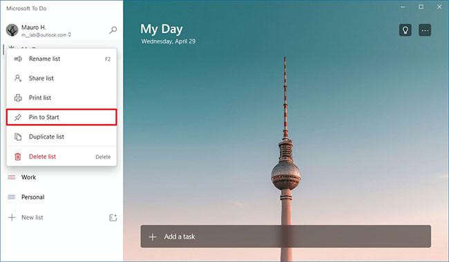Bấm chuột phải vào danh sách các tác vụ và chọn tùy chọn Pin to Start