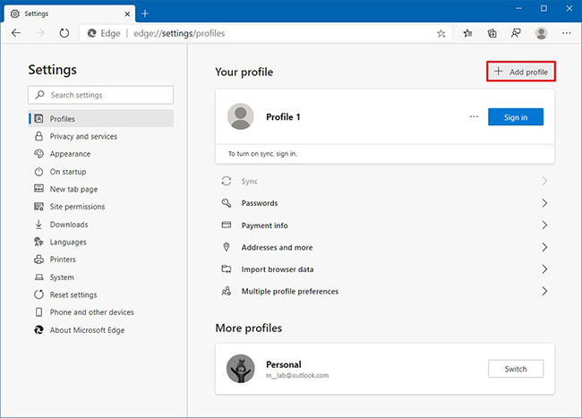 Nhấp vào nút Add profile ở phía trên bên phải