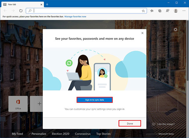Nhấp vào nút Sign in to sync data hoặc nút Done nếu bạn không muốn sử dụng trình duyệt với tài khoản Microsoft